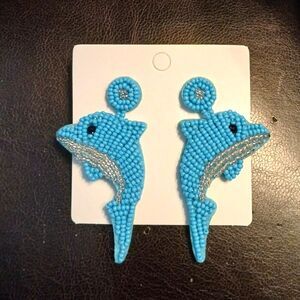 Seed Beaded Dolphin Earrings in Turquoise and Silver Beads